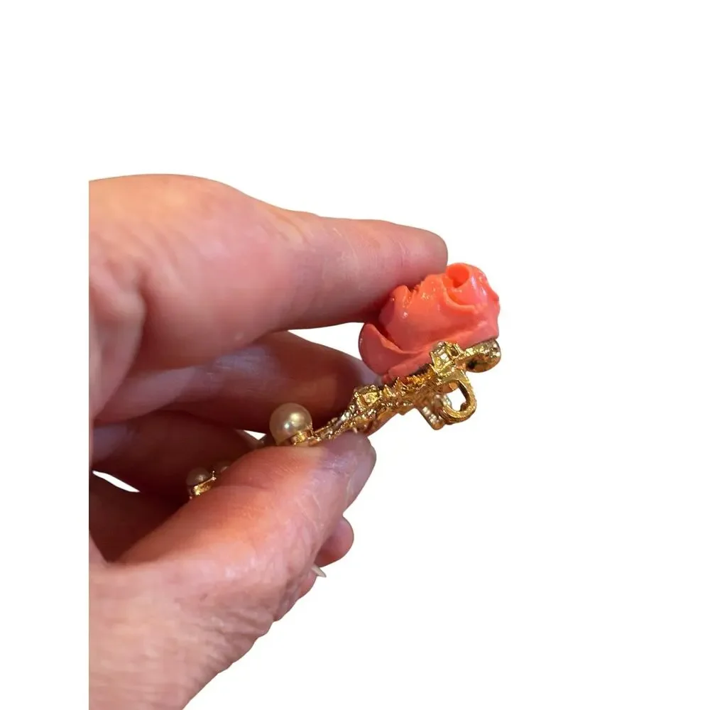 Coral Rose Brooch Pearl Rhinestone Cascade Enamel Leaves Vintage Glam